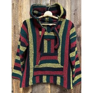 Vintage Mexican Baja Hoodie Pullover Rasta Striped Hippie Surf Festival Boho M